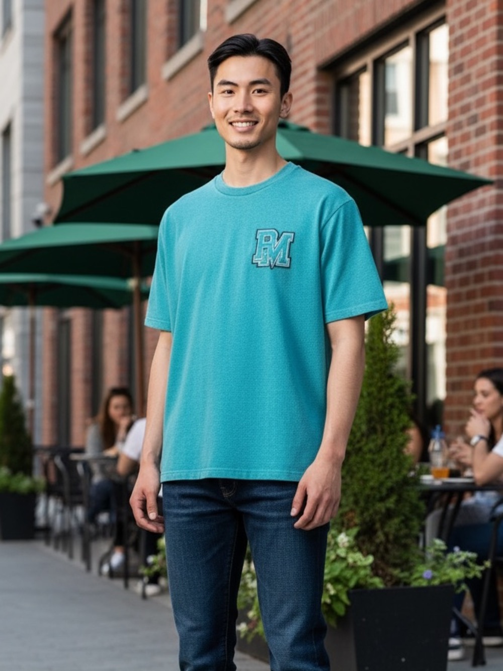 boohooMAN Oversized Textured BM Logo T-Shirt Teal Resort Vacation Men’s L